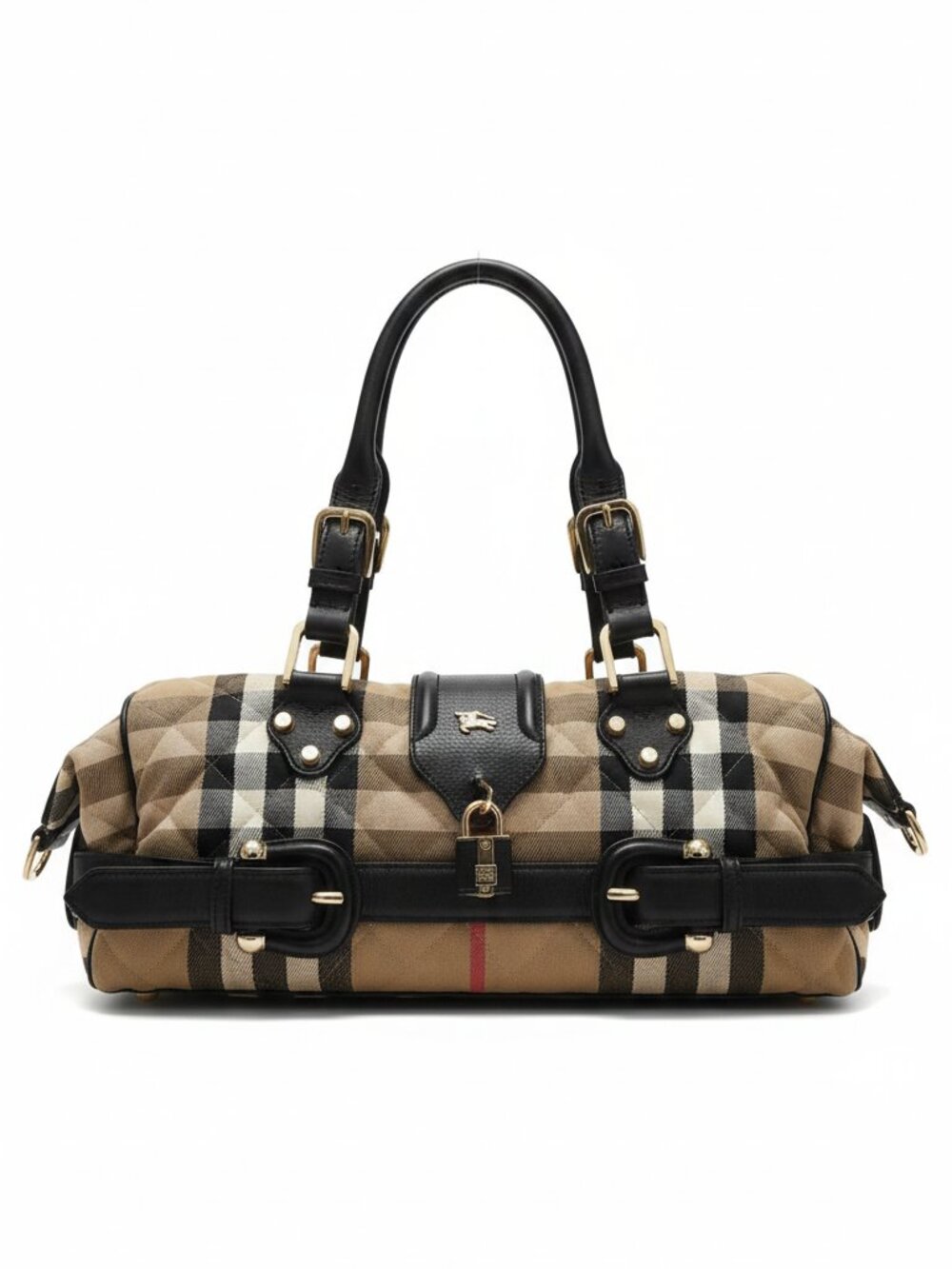 BURBERRY Vintage Nova Studs Quilted Canvas Black Leather Handbag Padlock RARE